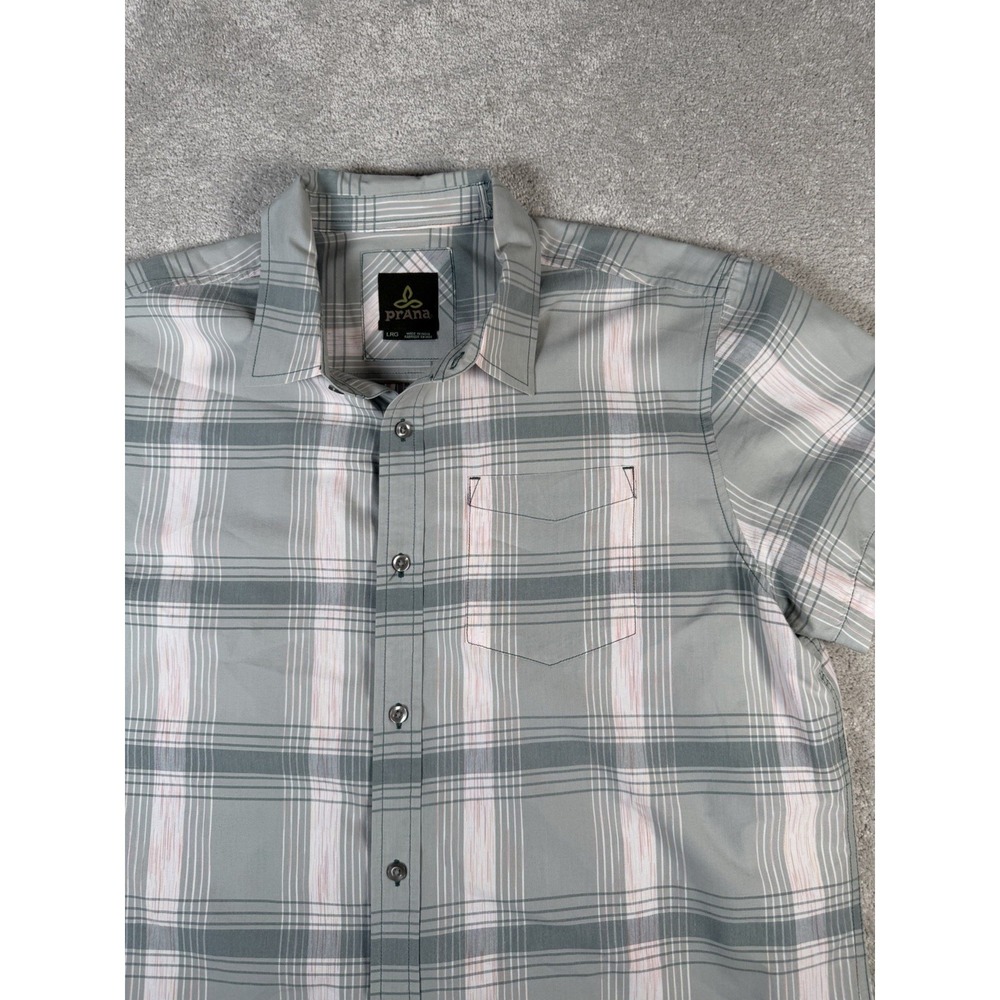 Prana Men's Lg S/S Plaid Button Shirt Gray Outdoor Hiking Pocket Organic Cotton - Picture 2 of 10